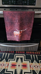 Baha Ranch Monogrammed Initial Western Leather Look Saddle Longhorn Cowboy Cowgirl Kitchen Dish Towels Made in America