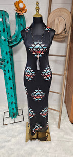 Baha Ranch Southwestern Aztec Sleeveless Bodycon Side Slit Western Maxi Dress