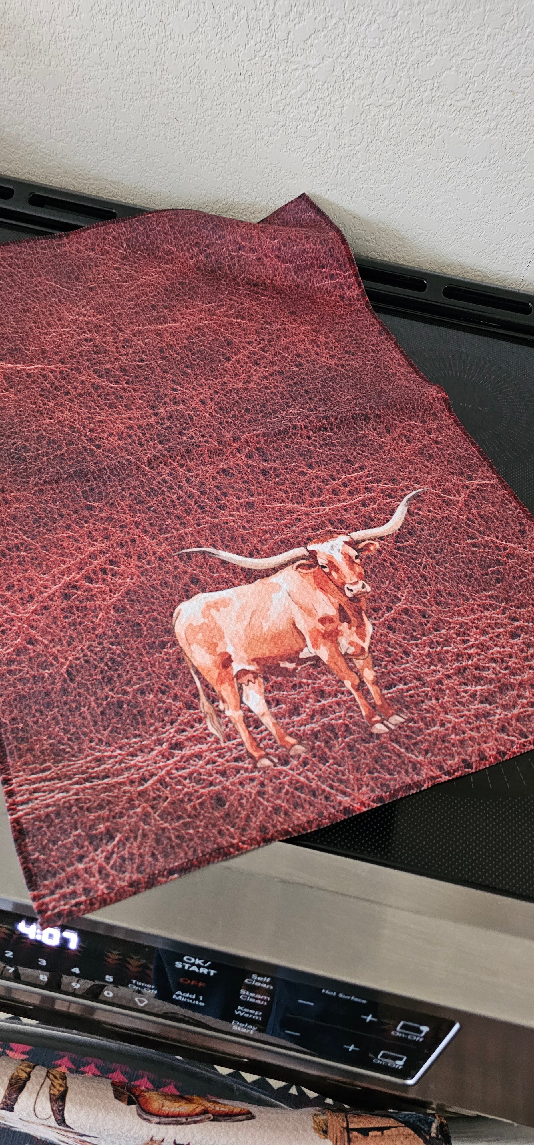 Baha Ranch Monogrammed Initial Western Leather Look Saddle Longhorn Cowboy Cowgirl Kitchen Dish Towels Made in America
