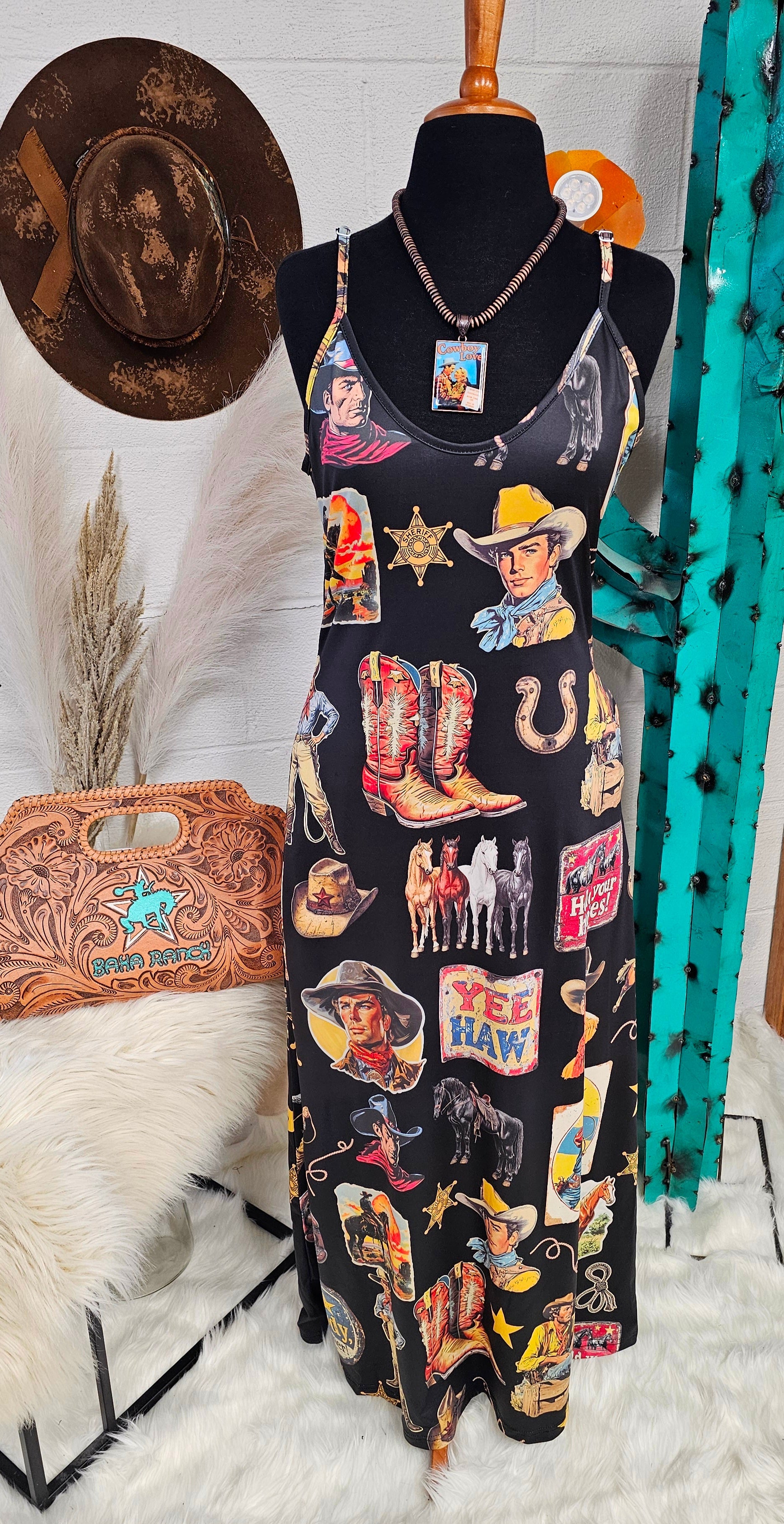 Baha Ranch Vintage Cowboy Collage Western Sun Dress