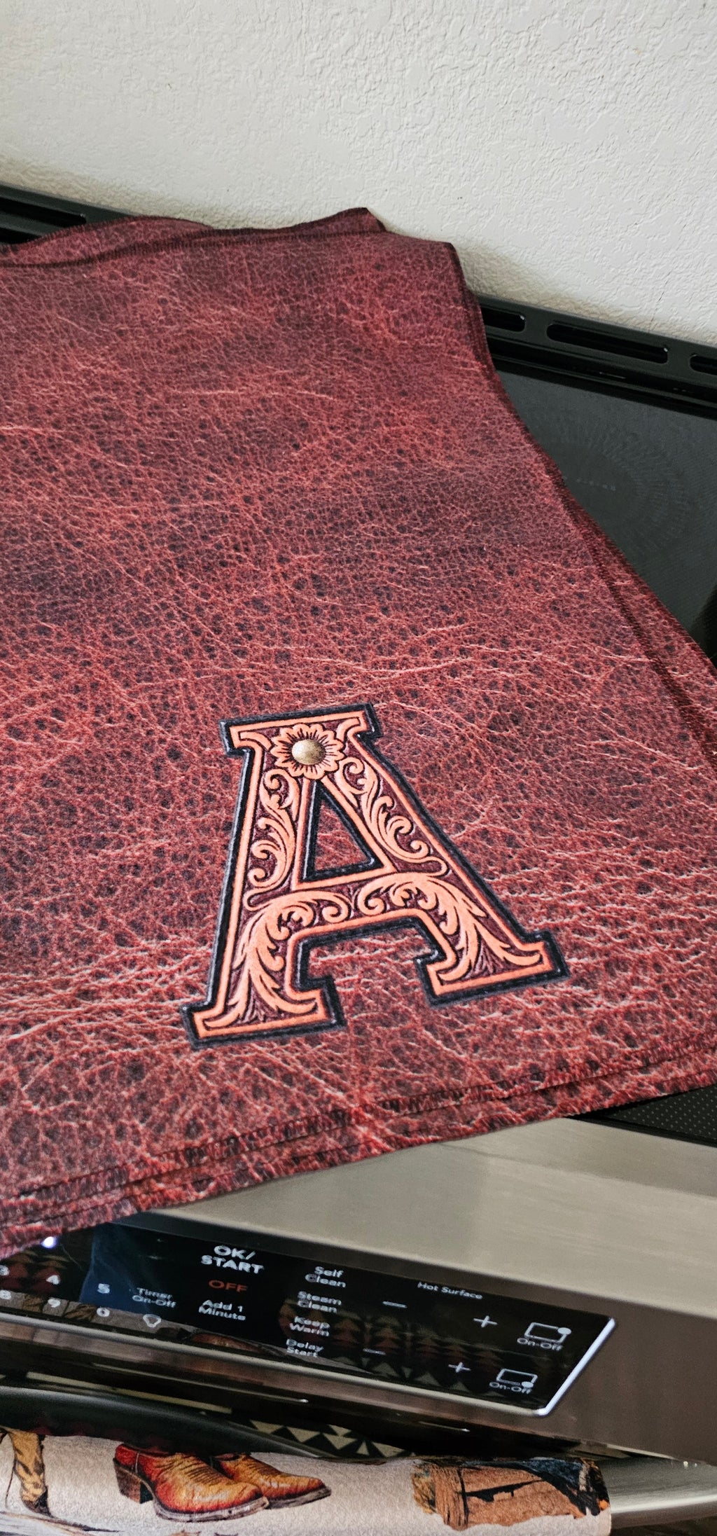 Baha Ranch Monogrammed Initial Western Leather Look Saddle Longhorn Cowboy Cowgirl Kitchen Dish Towels Made in America