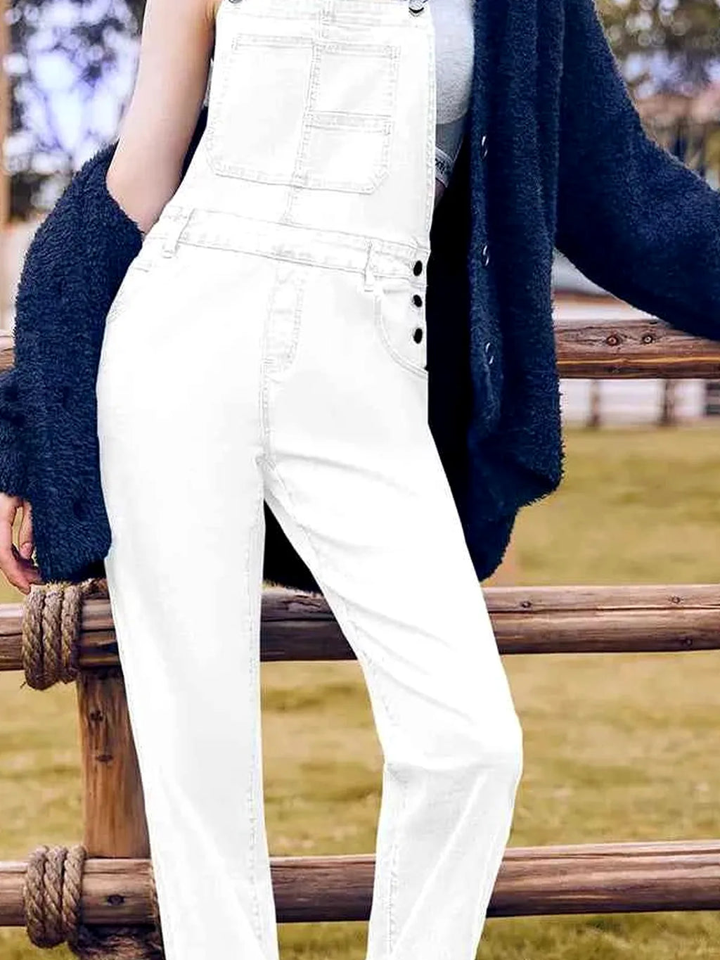 White Bib Square Neck Denim Overalls