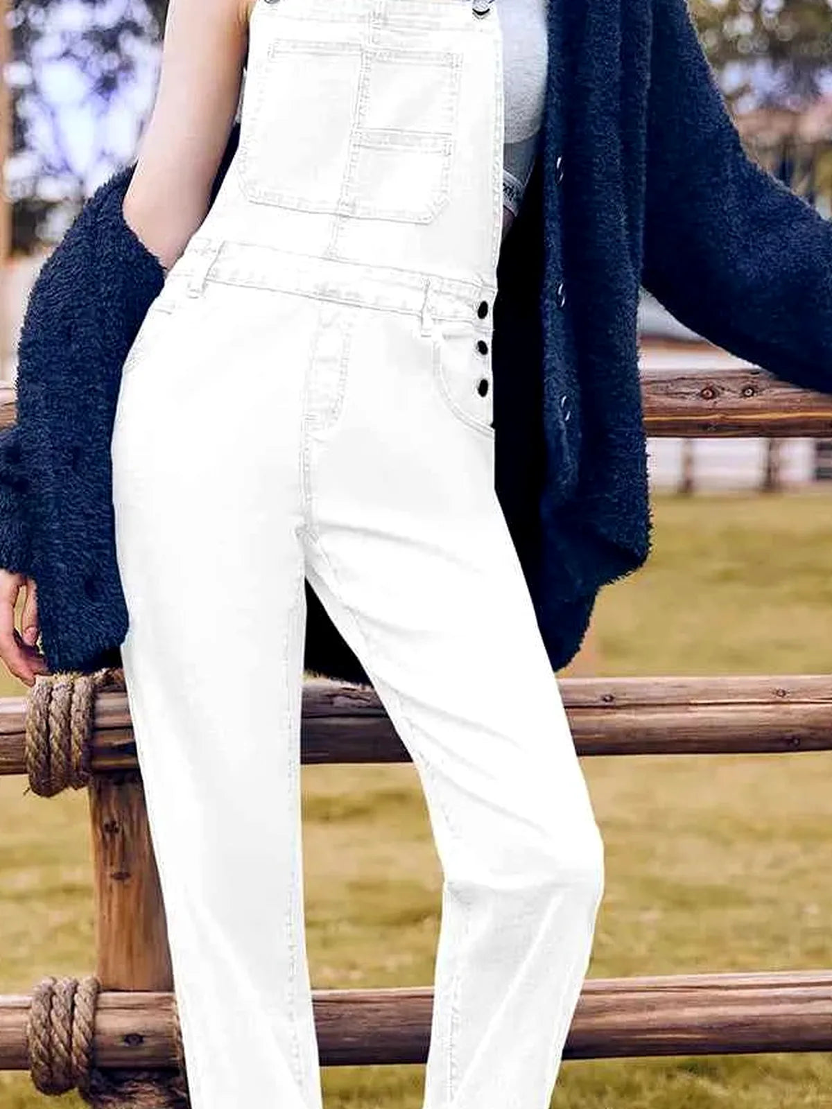 White Bib Square Neck Denim Overalls