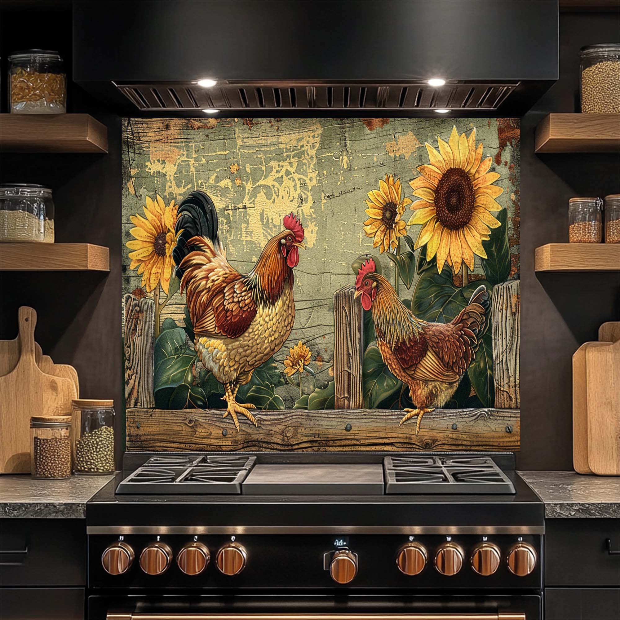 Sunny Roosters – Tempered Glass Backsplash | Farmhouse Chicken & Sunflower Backsplash