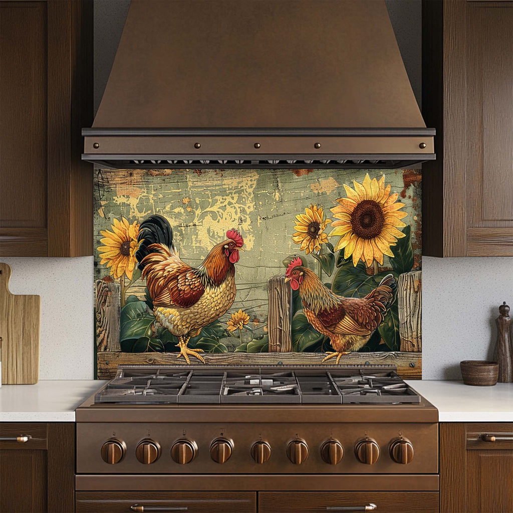 Sunny Roosters – Tempered Glass Backsplash | Farmhouse Chicken & Sunflower Backsplash