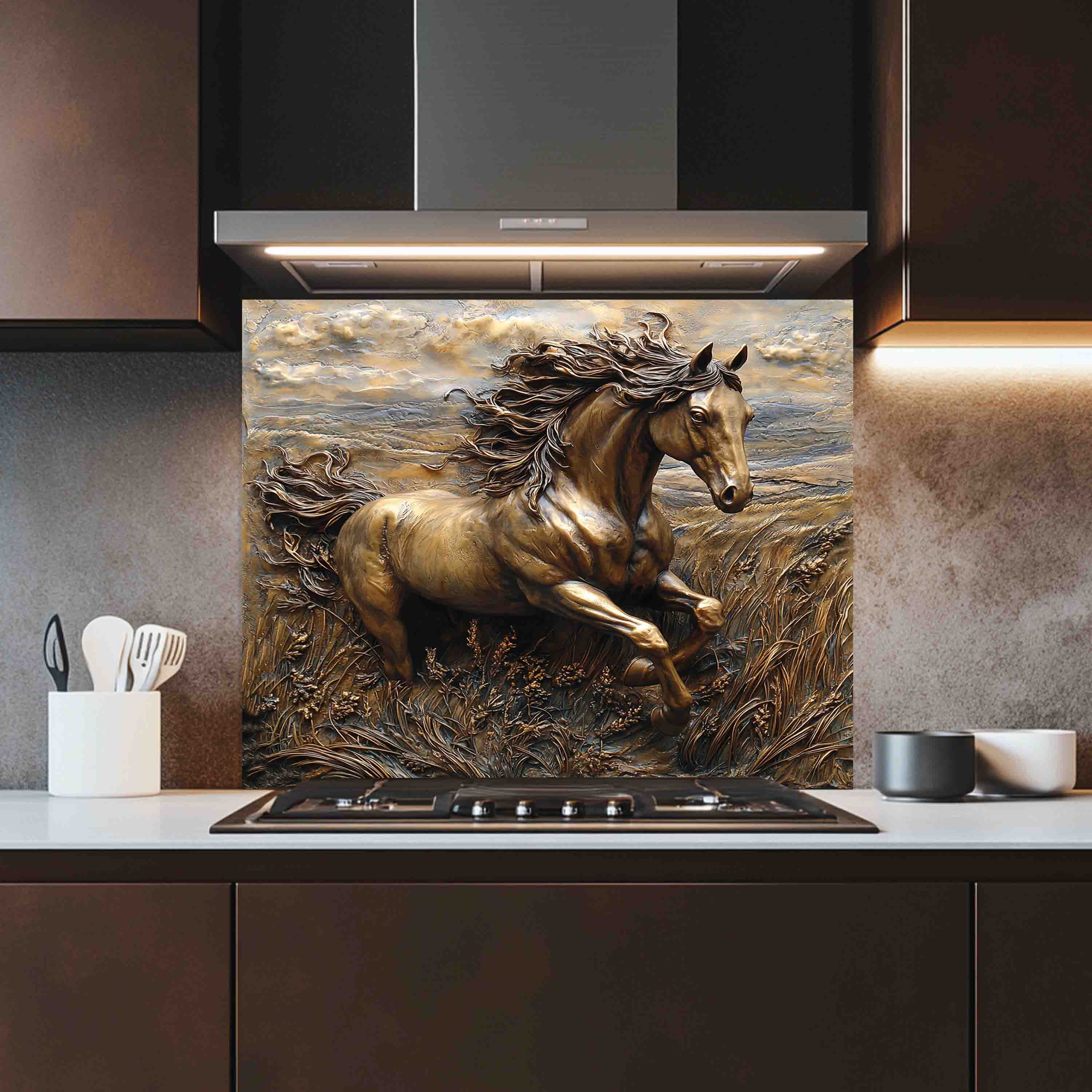Bronze Spirit Tempered Glass Backsplash – Galloping Horse Copper Look Kitchen Back Splash