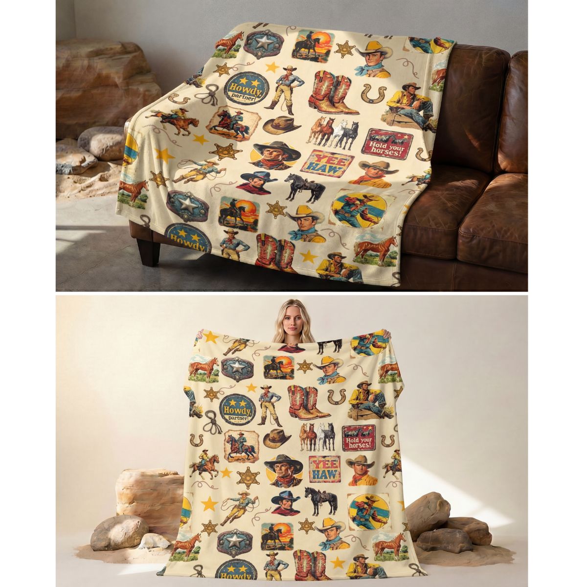 Baha Ranch Vintage Cowboy Collage Ultra-Soft Micro Fleece Blanket 60" x 80" Made in America