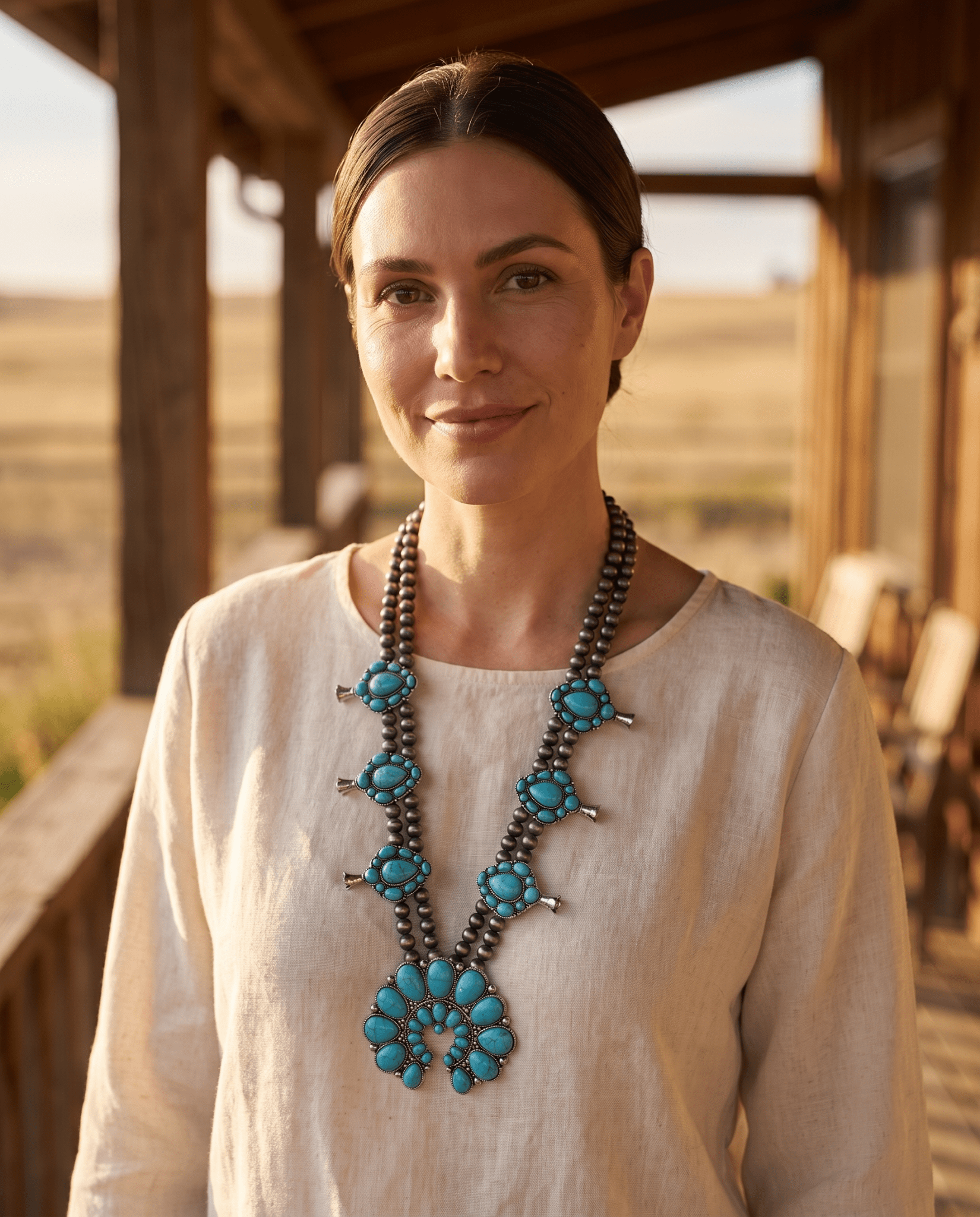 Western Huge Double-Strand Faux Turquoise Squash Blossom Statement Necklace — 32 Inch