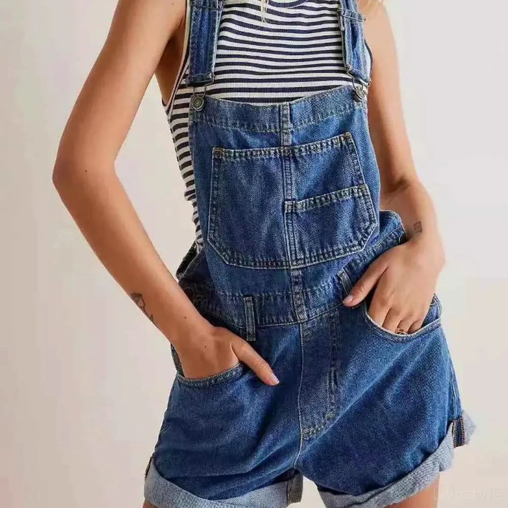 Medium Blue Striped Summer Wide Strap Denim Overalls