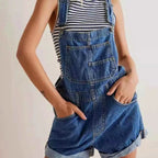 Medium Blue Striped Summer Wide Strap Denim Overalls