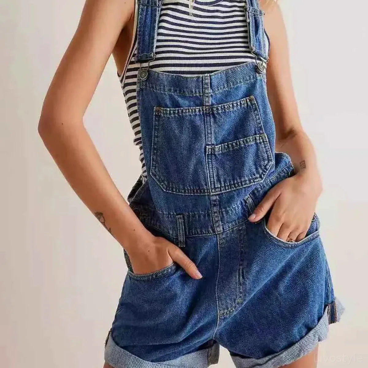 Medium Blue Striped Summer Wide Strap Denim Overalls