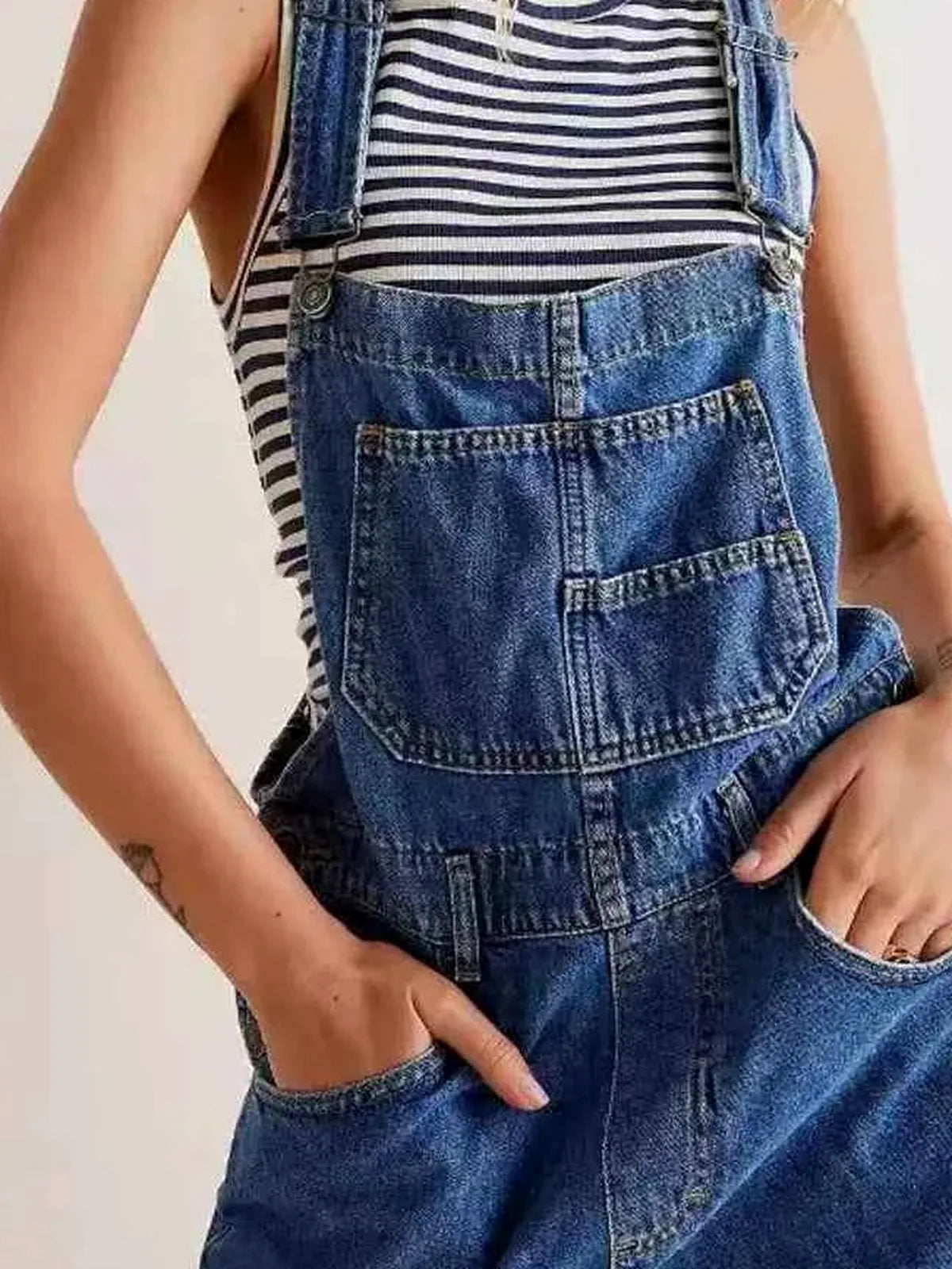 Medium Blue Striped Summer Wide Strap Denim Overalls