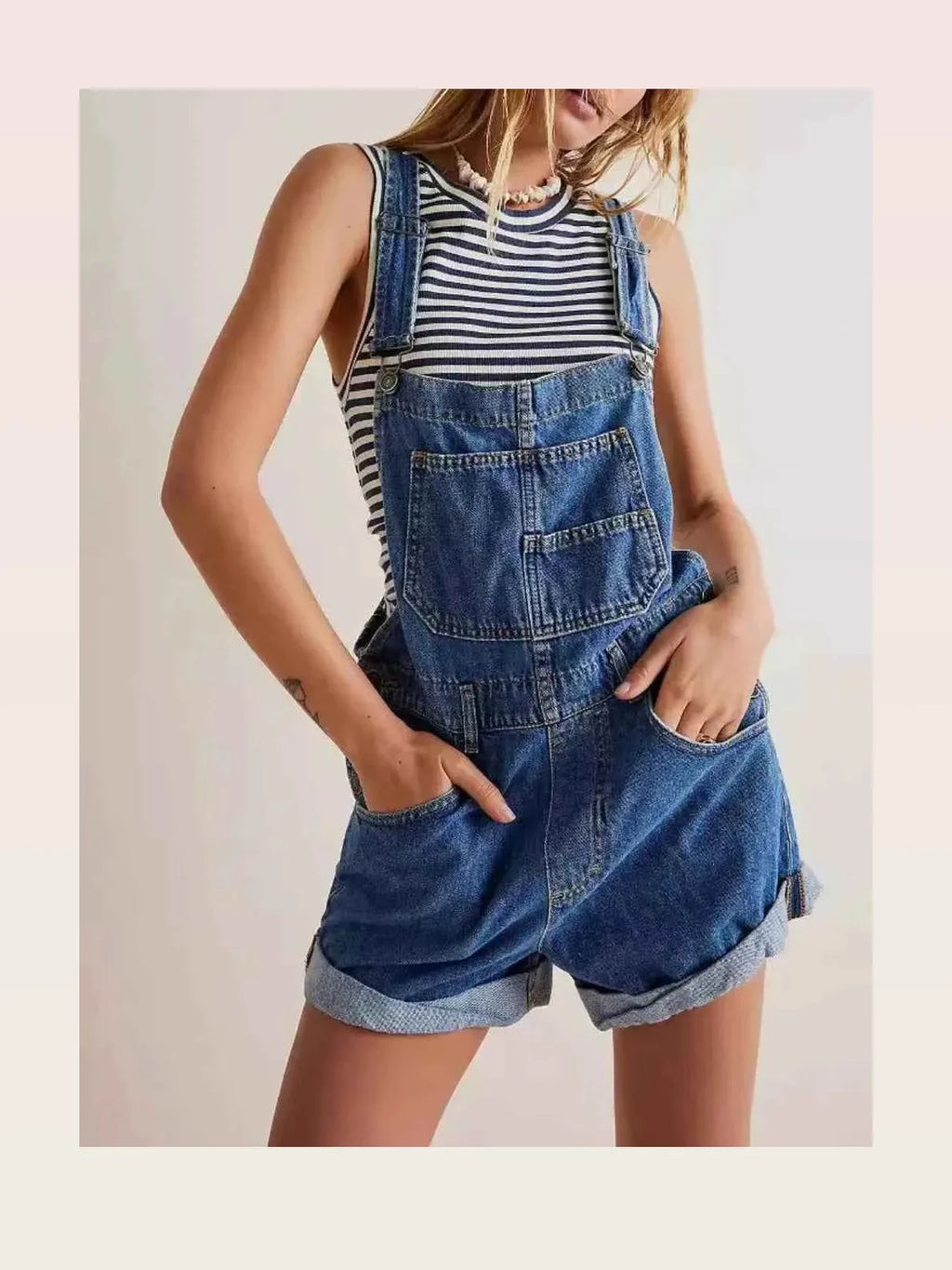 Medium Blue Striped Summer Wide Strap Denim Overalls