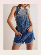 Medium Blue Striped Summer Wide Strap Denim Overalls