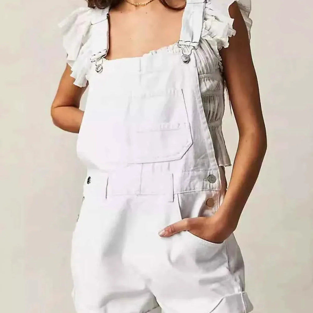 White Ruffle Sleeve Wide Strap Denim Overalls