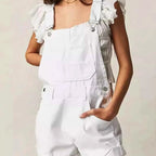 White Ruffle Sleeve Wide Strap Denim Overalls