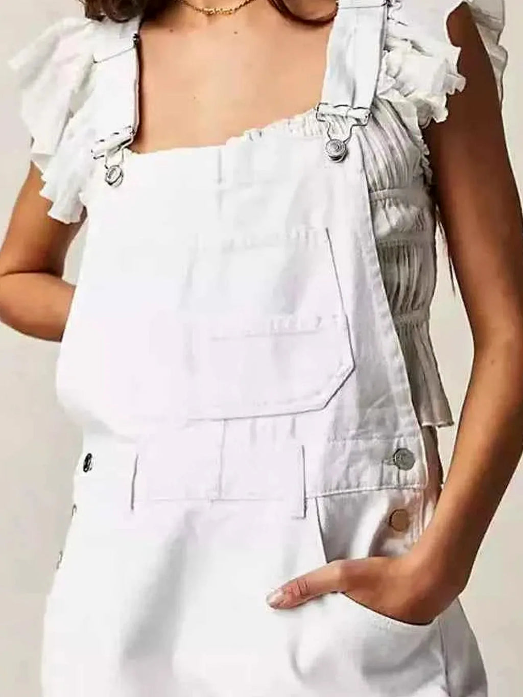 White Ruffle Sleeve Wide Strap Denim Overalls