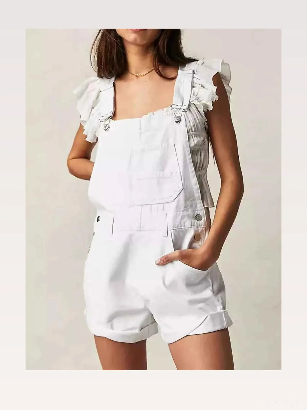 White Ruffle Sleeve Wide Strap Denim Overalls