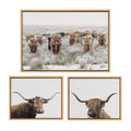 Sylvie Texas Longhorn, Highland Cow Portrait Close Color and Herd of Highland Cows Color Framed Canvas Art Set by The Creative Bunch Studio